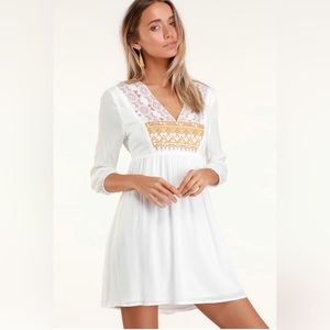 Lulu’s Sunflower White Embroidered Babydoll Dress